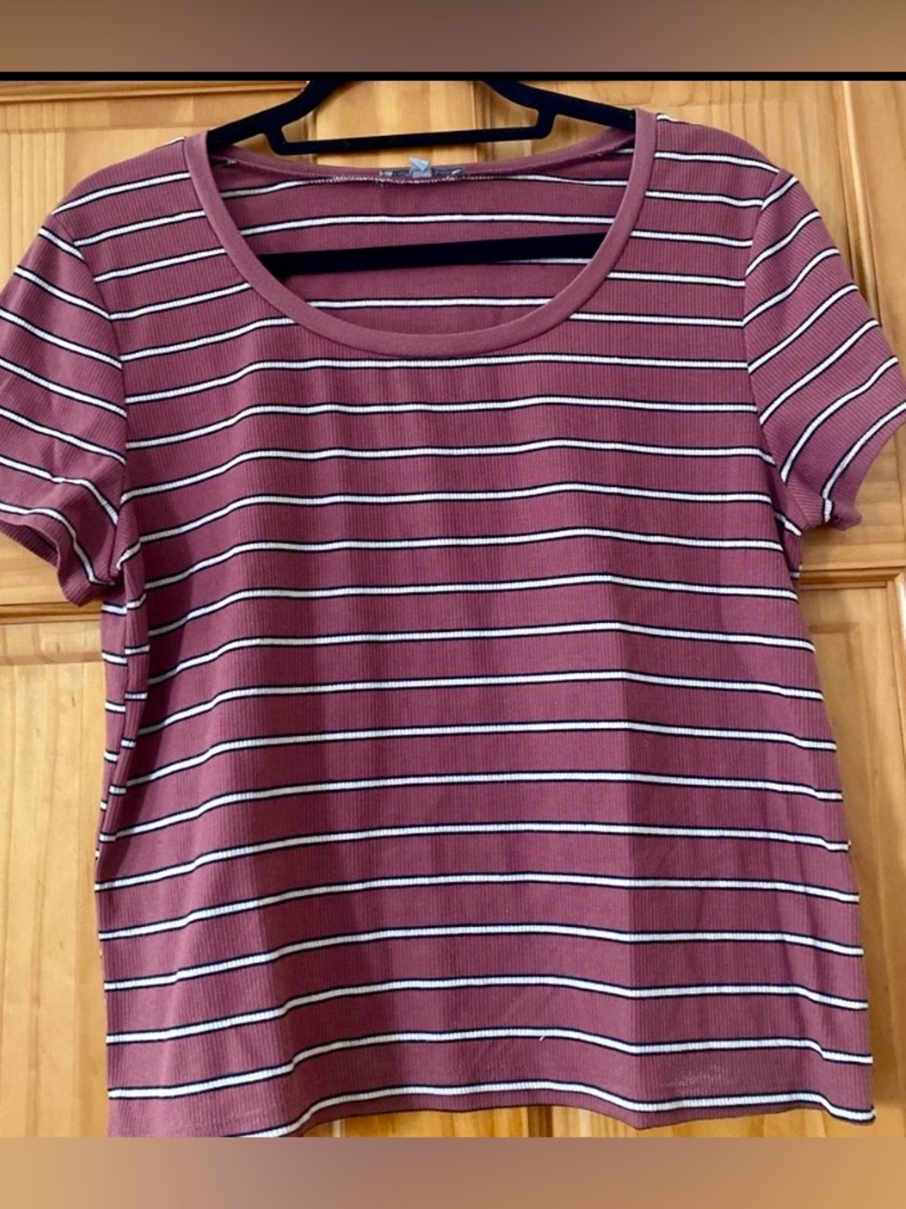 Charlotte Russe Ribbed Striped Tee Mauve Pink Soft Girl Y2K Fitted Top Size L